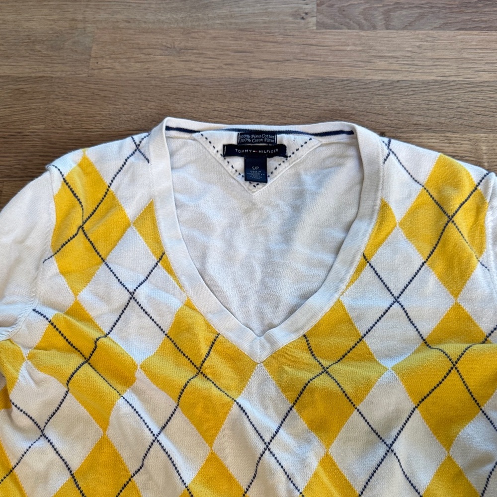 Tommy Hilfiger White and Yellow Argyle V-Neck Sweater